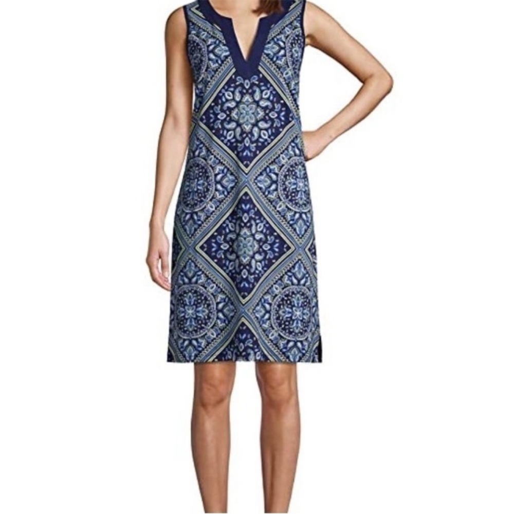 Lands' End Women's Cotton Jersey Sleeveless Swim Cover-up Dress-blue paisley